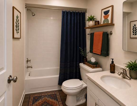 A bathroom with a white toilet, a white sink, a white bathtub, a white rug, a white towel, a white door, a white wall, a white mirror, a white shelf, a white plant,