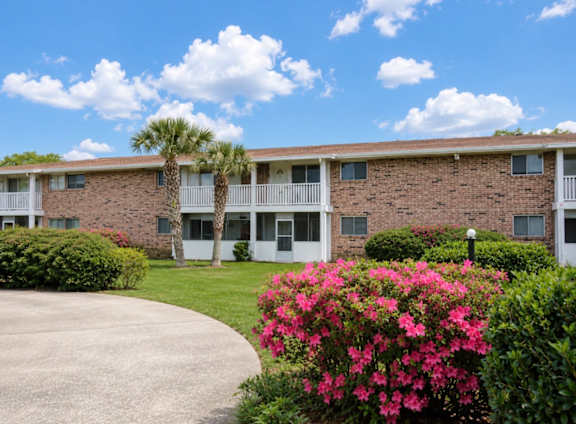 A building with a white fence and a palm tree in front.