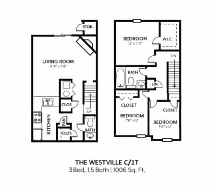 A black and white floor plan of a 3 bedroom, 15 bathroom apartment.