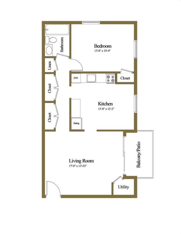 1 bedroom 1 bathroom floor plan at Cub Hill Apartments in Parkville, MD