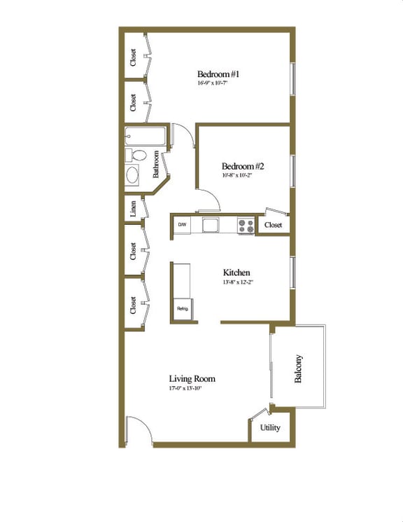 2 bedroom 1 bathroom floor plan at Cub Hill Apartments in Parkville, MD