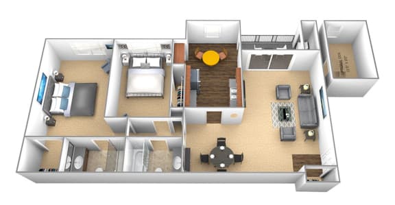 a 3d floor plan of a 2 bedroom with a living room and a dining room