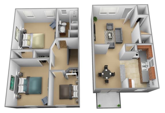 Yorktowne Townhomes 3 Bedroom 3D Floorplan