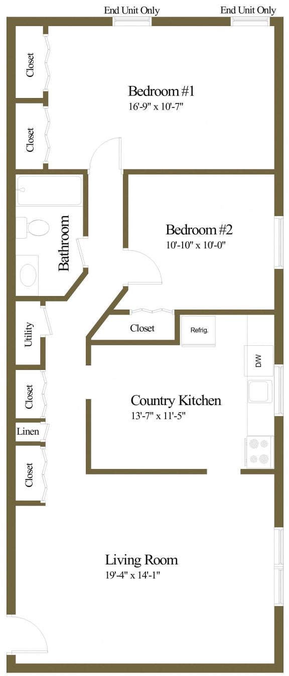 Downing Floor Plan  at Arbuta Arms Apartments*, Baltimore, Maryland