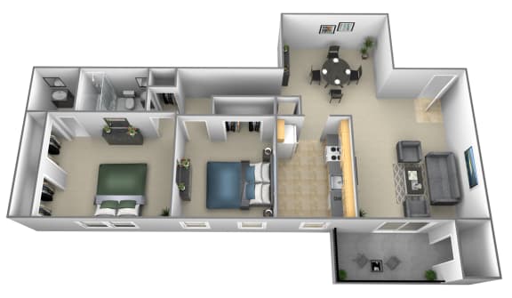 2 bedroom 1.5 bathroom style b floor plan at Liberty Gardens Apartments in Windsor Mill MD