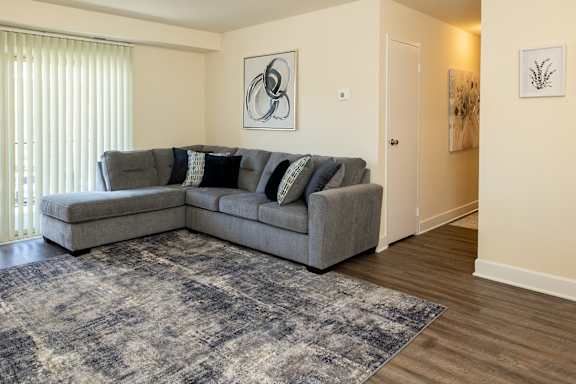 A grey sofa with pillows is in the middle of a room with a rug and a painting on the wall.