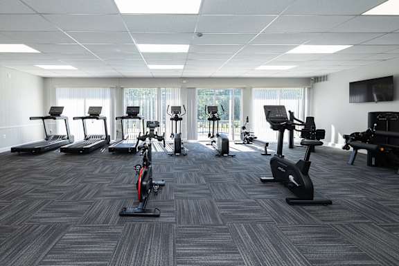 A gym with treadmills, stationary bikes, and elliptical machines.