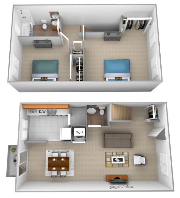 2 bedroom 1 bathroom 3D floor plan at McDonogh Village Apartments & Townhomes, Randallstown, Maryland