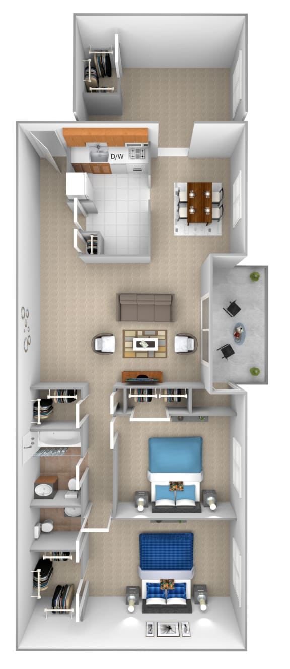 2 bedroom 1.5 bathroom with den 3D floor plan at McDonogh Village Apartments & Townhomes, Randallstown, MD