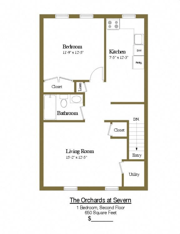 1 bedroom 1 bathroom floor plan at Orchards at Severn Townhomes in Severn, MD