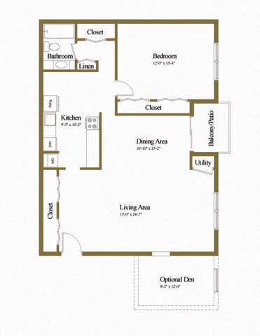 1 bedroom 1 bathroom floor plan with den at Deer Park Apartments in Randallstown, MD