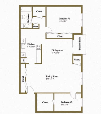 2 bedroom 2 bathroom floor plan with den at Deer Park Apartments in Randallstown, MD