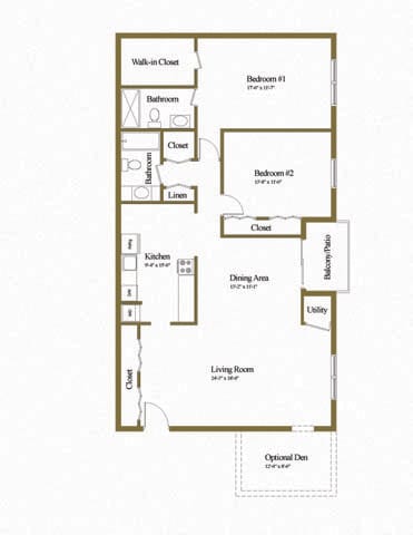 2 bedroom 2 bathroom floor plan with den at Deer Park Apartments in Randallstown, MD