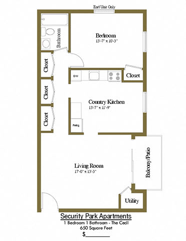 One bedroom floor plan at Fairbrook Park, Maryland