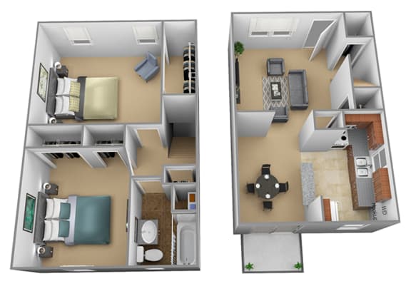 Yorktowne Townhomes in Hanover PA 2 Bedroom 1 bathroom 3D Floorplan