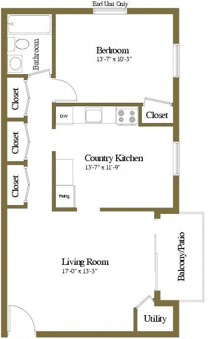 1 bedroom 1 bathroom floor plan at Security Park Apartments in Windsor Mill, MD