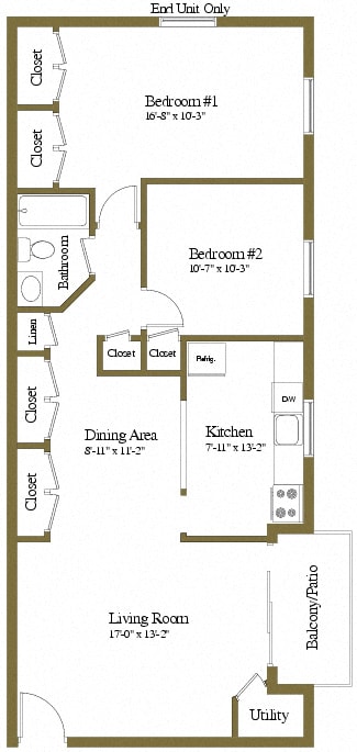 2 bedroom 1 bathroom Assateague floor plan at Security Park Apartments in Windsor Mill, MD