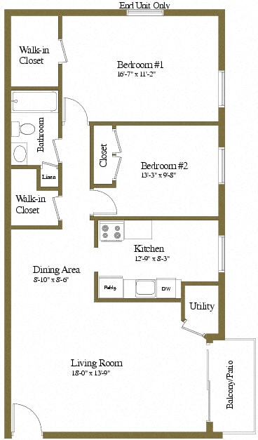 2 bedroom 1 bathroom Potomac floor plan at Security Park Apartments in Windsor Mill, MD