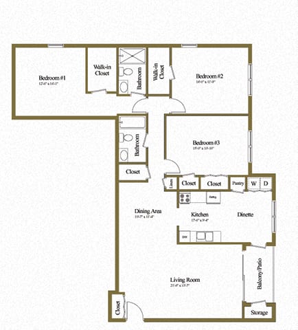 3 bedroom 2 bathroom floor plan  at Ivy Hall Apartments*, Towson, MD 21204