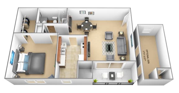 1 bedroom 1 bathroom with den 3D floor plan at The Village of Pine Run Apartments in Windsor Mill, MD