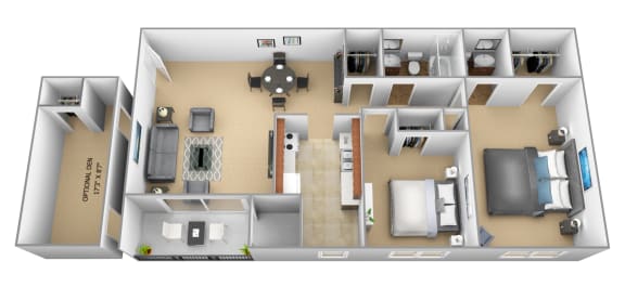 2 bedroom 1.5 bathroom with den 3D floor plan at The Village of Pine Run Apartments in Windsor Mill, MD