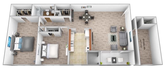 a floor plan of a two bedroom apartment with two bathrooms and a balcony at Village of Pine Run Apartments &amp; Townhomes*, Maryland, 21244