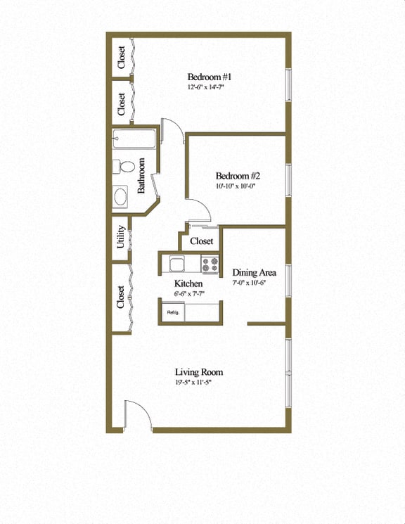 2 bedroom 1 bathroom  floor plan at Winston Apartments