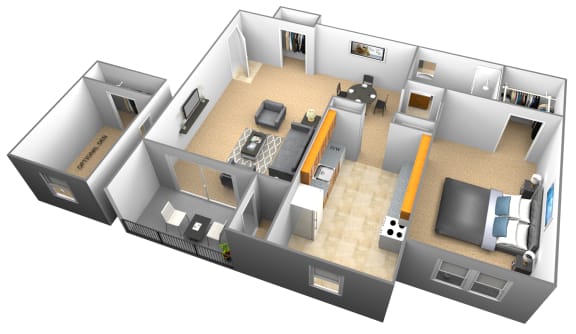 Floor Plan  1 bedroom 1 bathroom with den 3D floor plan at Woodridge Apartments in Randallstown, Maryland