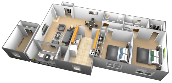 2 bedroom 2 bathroom 3D floor plan at Woodridge Apartments in Randallstown, Maryland
