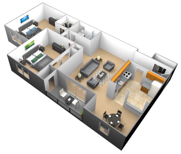 Floor Plan  2 bedroom 1 bathroom 3D floor plan at Woodridge Apartments in Randallstown, Maryland