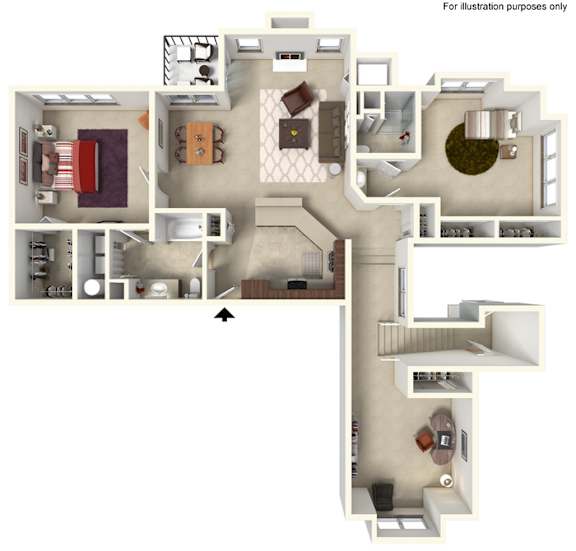 A detailed 3D floor plan of a house showing all rooms and their layouts.