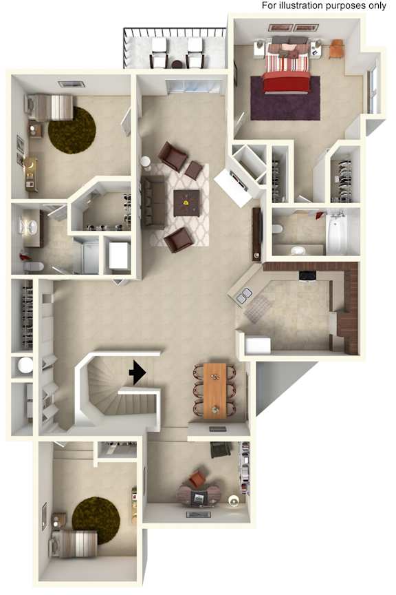 A detailed 3D floor plan of a house showing all rooms and their layouts.