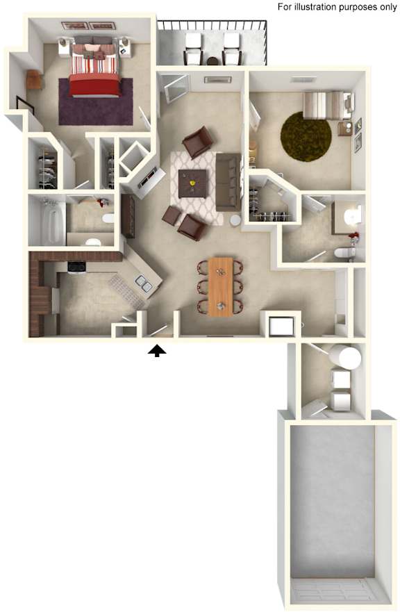 A top down view of a house interior with a kitchen, living room, dining room, and bedrooms.