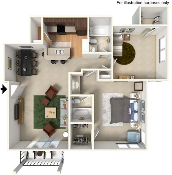 Floor Plan  A 3D floor plan of a house showing the layout of the rooms.