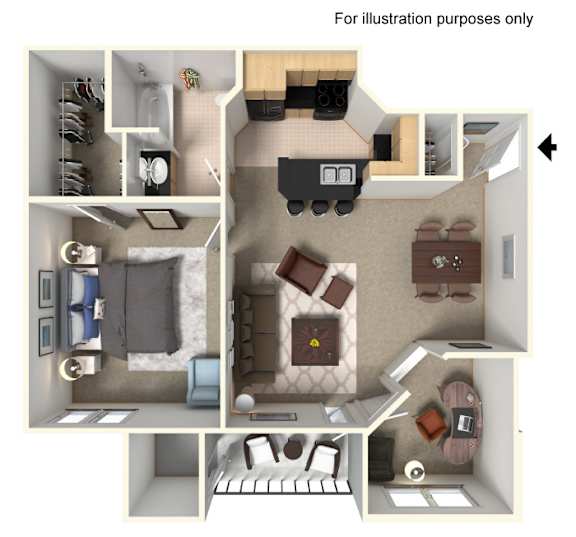 A 3D floor plan of a small apartment with a kitchen, living room, and bedroom.