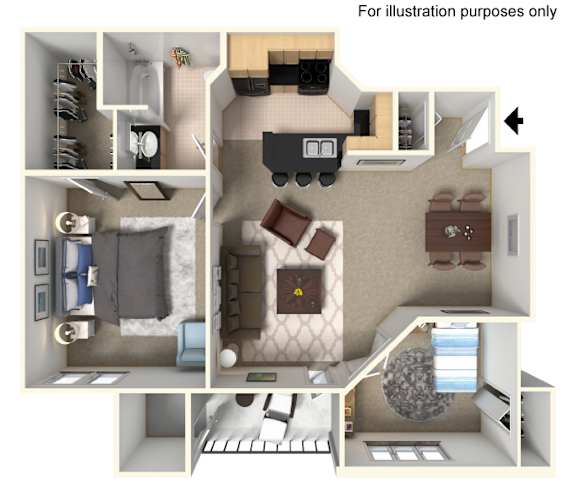 A 3D floor plan of a small apartment with a kitchen, living room, and bedroom.