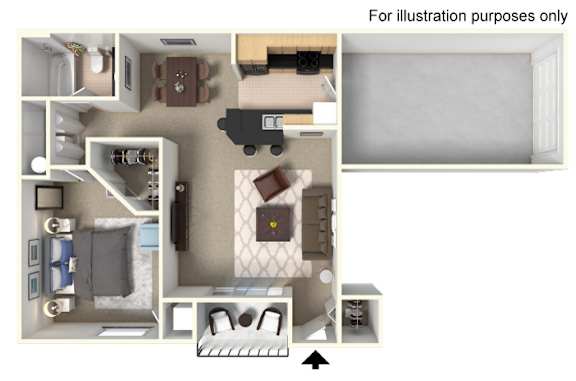 A cutaway diagram of a room showing a couch, a bed, a desk, and a chair.