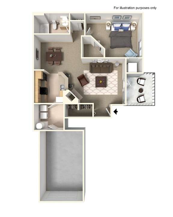 A floor plan of a small apartment with a kitchen, living room, and bathroom.