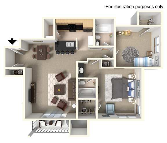 A 3D floor plan of a house with rooms labeled.