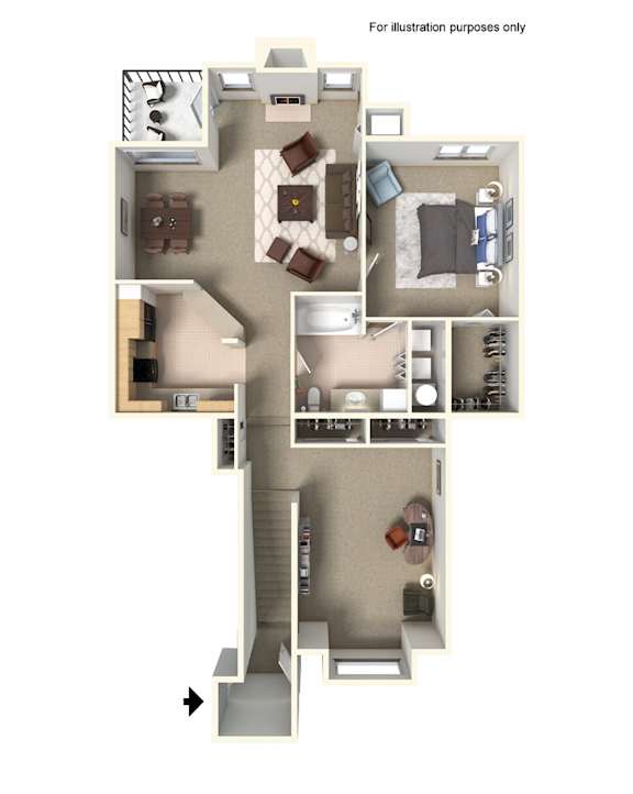 A floor plan of a house with a kitchen, living room, bedrooms and bathrooms.