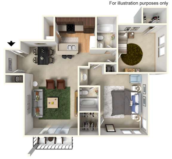 A 3D floor plan of a small apartment with a kitchen, living room, and bedroom.