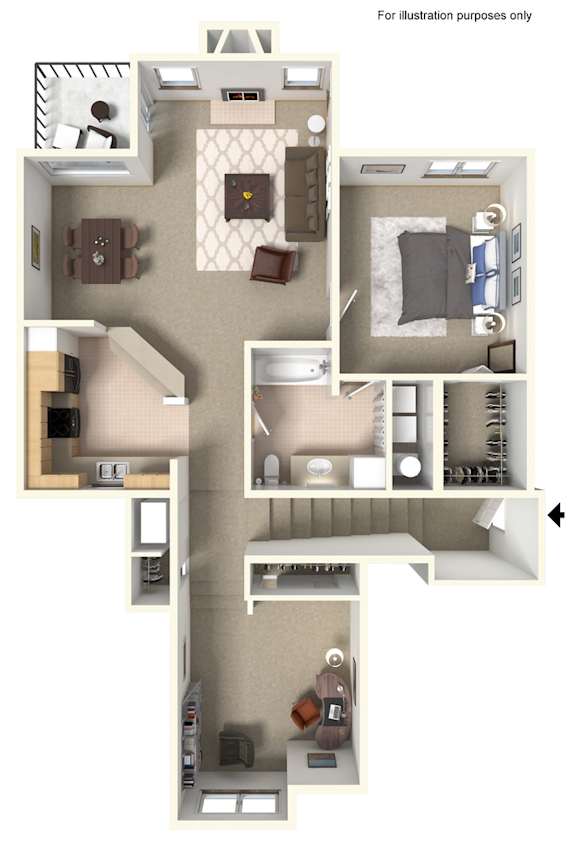A floor plan of a small apartment with a kitchen, living room, and bedroom.