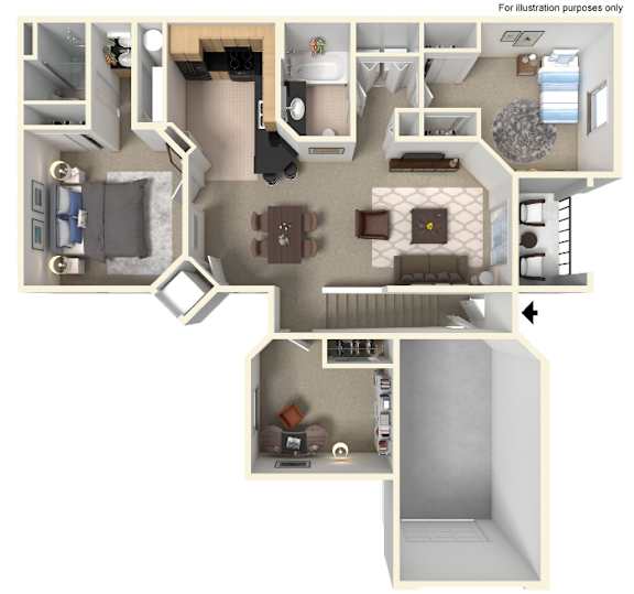 A detailed 3D floor plan of a modern apartment layout.
