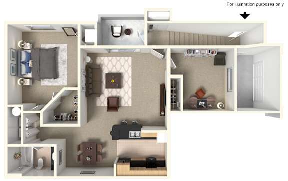 A 3D floor plan of a small apartment with a kitchen, living room, and bedroom.