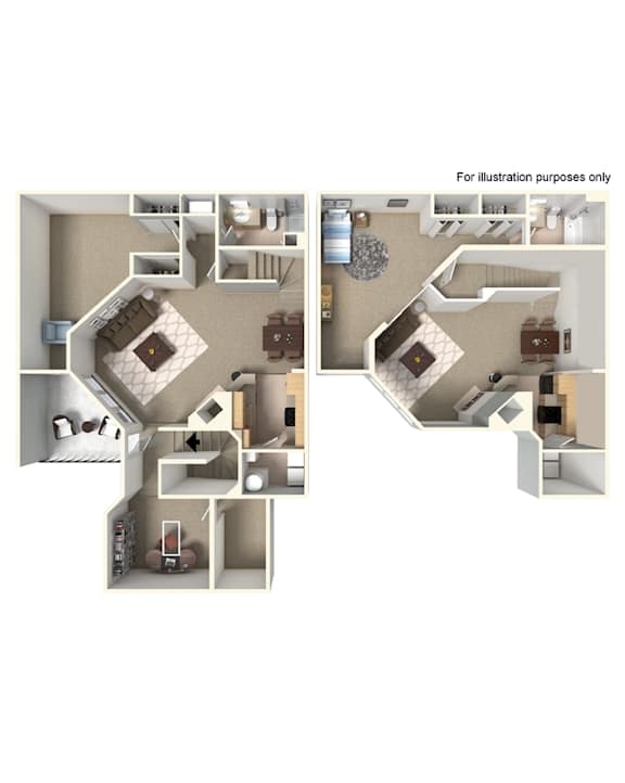 A floor plan of a two-story home with a living room, kitchen, and bedrooms.