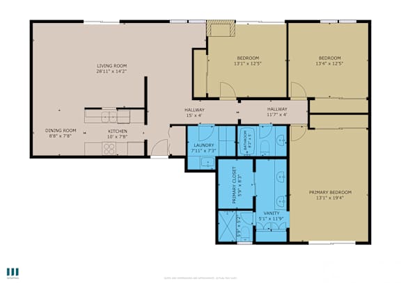 A floor plan of a house with a living room, two bedrooms, a dining room, a kitchen, a laundry room, a primary bedroom, and a vanity.