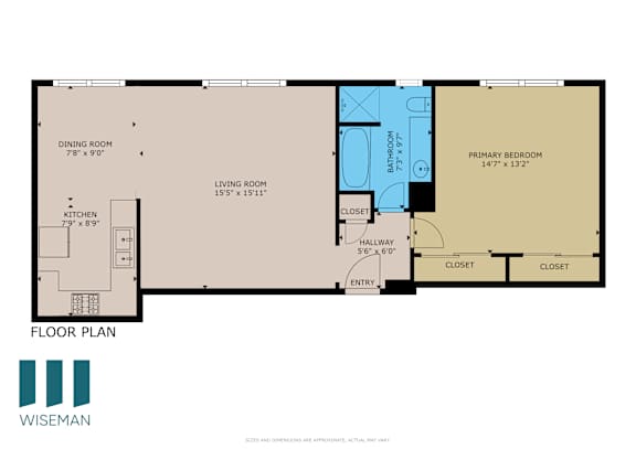 A floor plan of an apartment with a living room, dining room, kitchen, and two bedrooms.