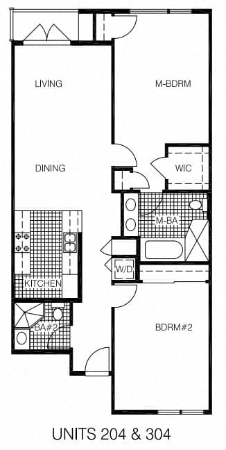 A floor plan for units 204 and 304 shows the layout of living, dining, and kitchen areas.