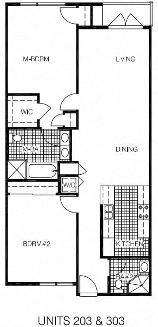 A floor plan of a building with labeled rooms such as "M-BDRM", "WIC", "DINING", and "LIVING".