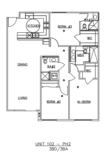 A floor plan of a 3 bedroom, 3 bathroom apartment.